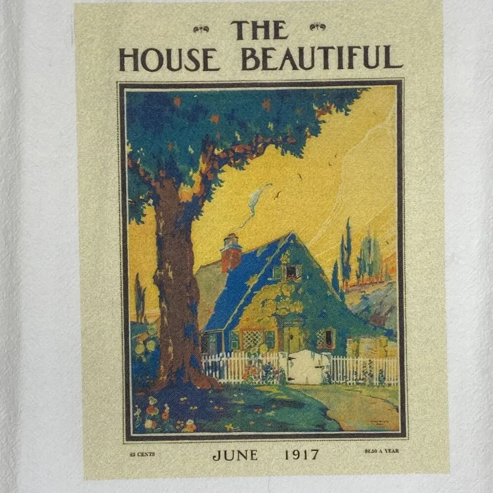 2 House Beautiful Tea‎ Hand Towels Vintage Graphics Ribbon Notecard Farmhouse